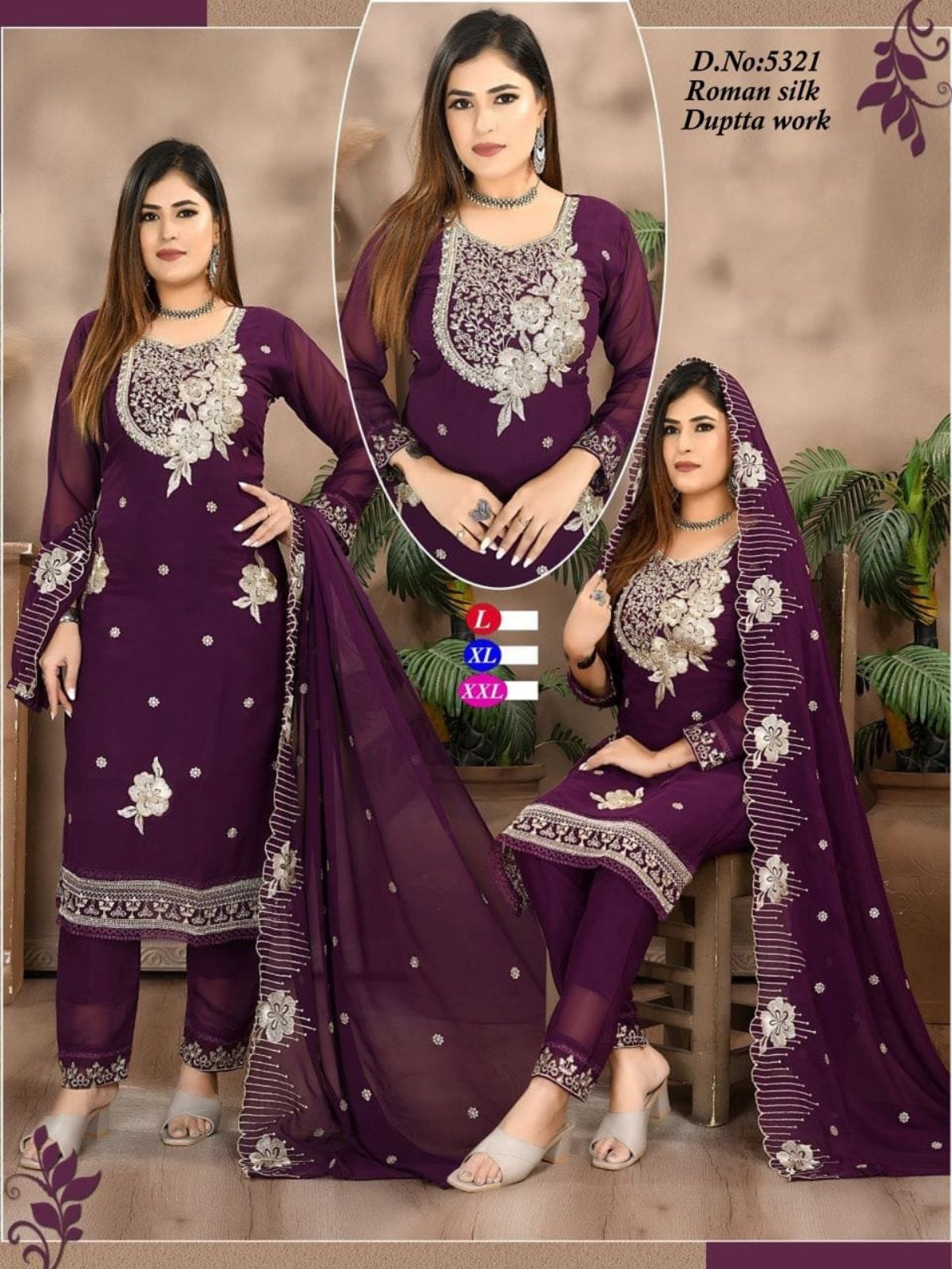 Women's Roman Silk Kurta Pant Set With Dupatta- 5321