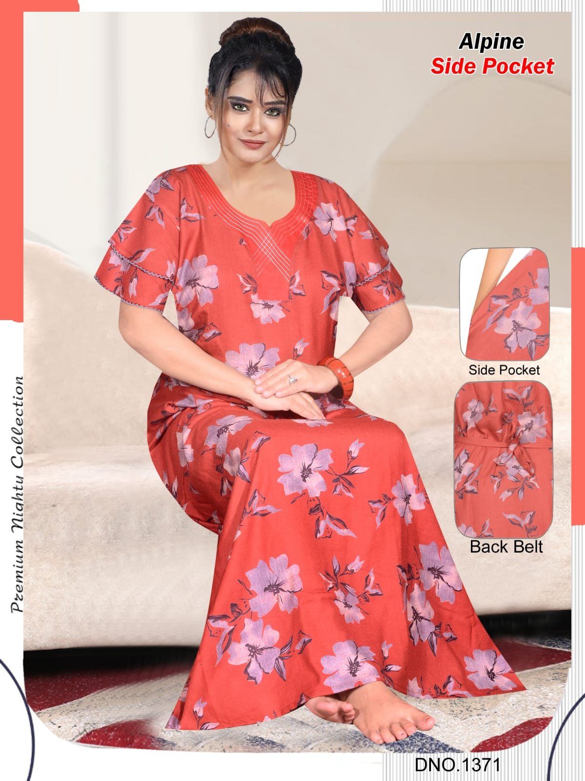 Women Alpine Premium Nighties Fancy Pattern Double Sleeve
