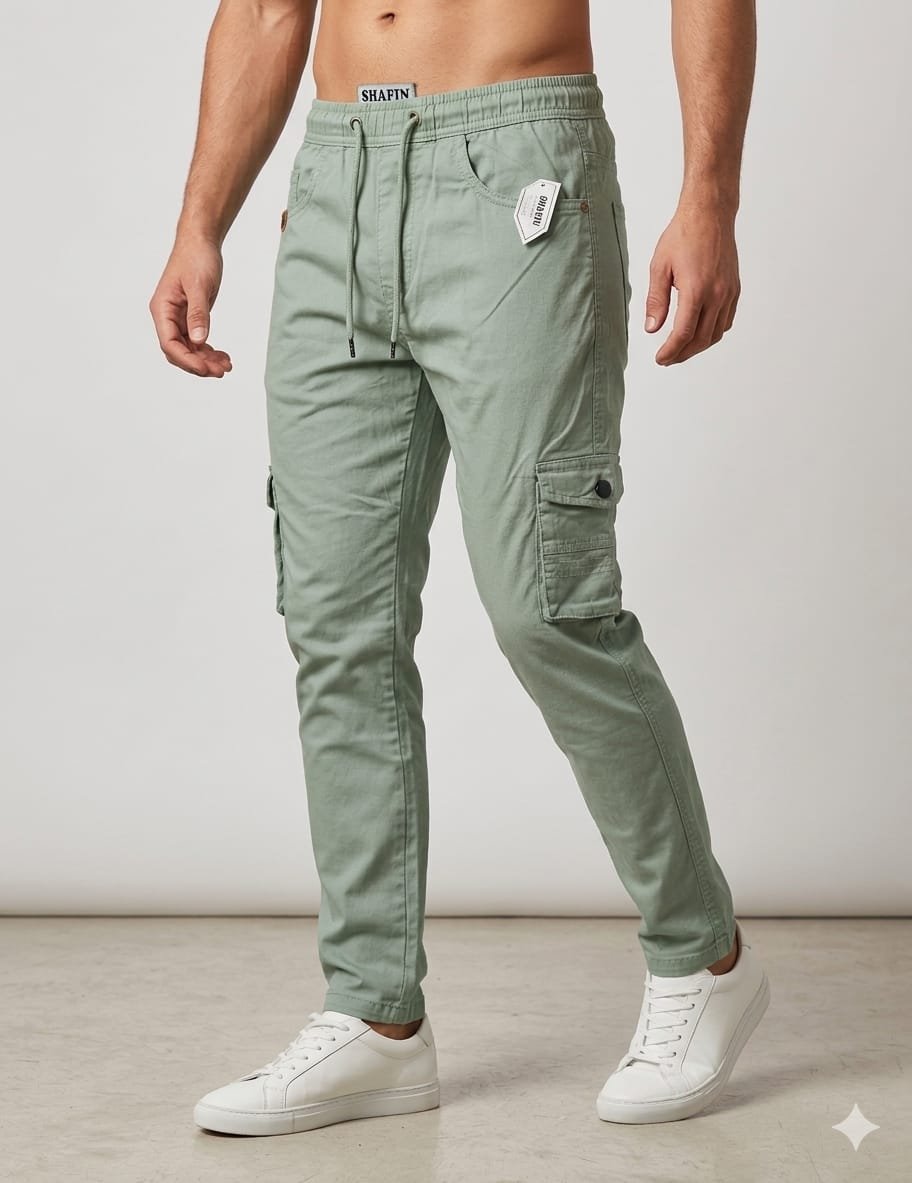 Shafin Men's Without Elastic Cotton Cargo Pants-Mint Green