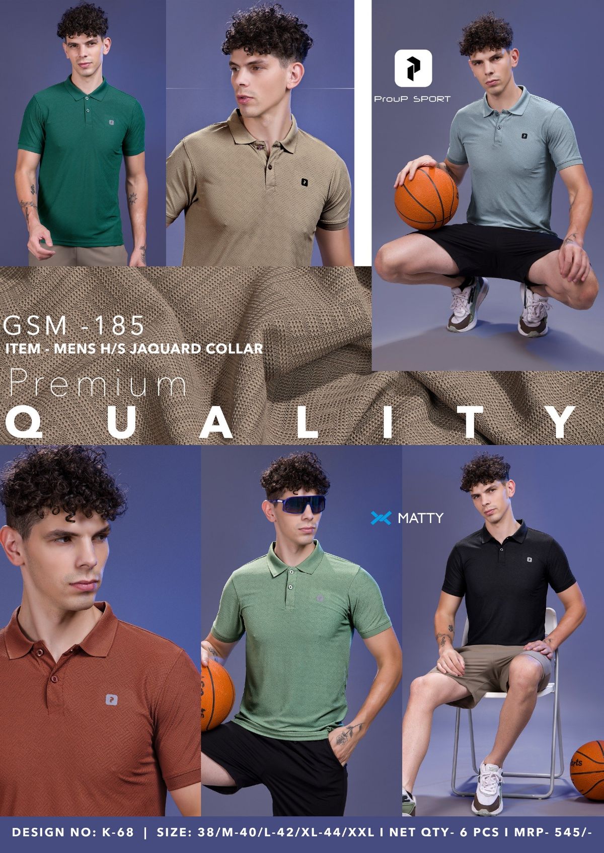 Men's Jacquard Knit Matty Coller Neck Half Sleeve T-shirts D No-K-68