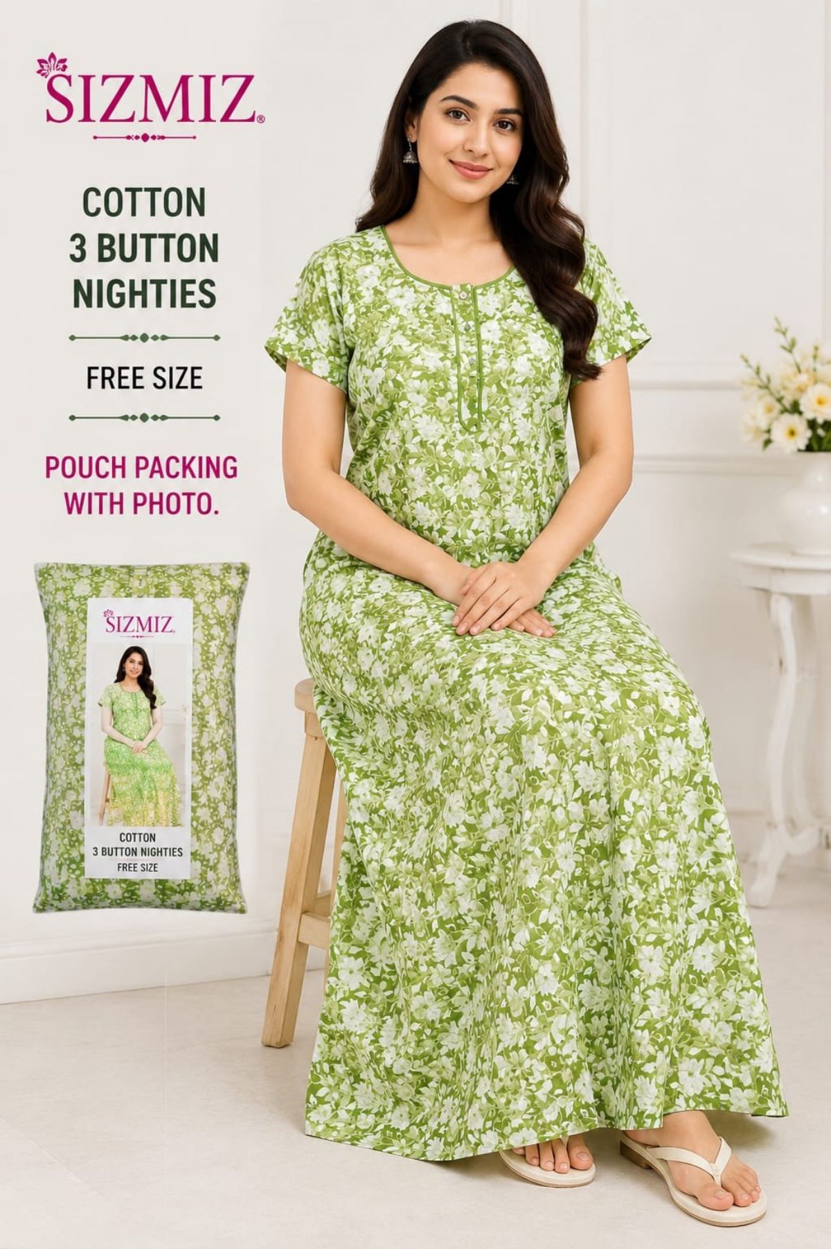 Women Poly Cotton Night Gown With Three Button