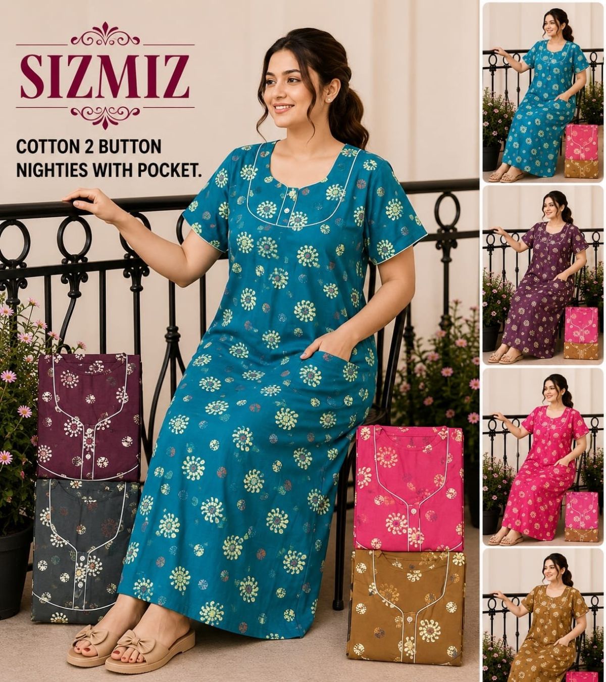 Women Pure Cotton Night Gown With Two Button 2*11