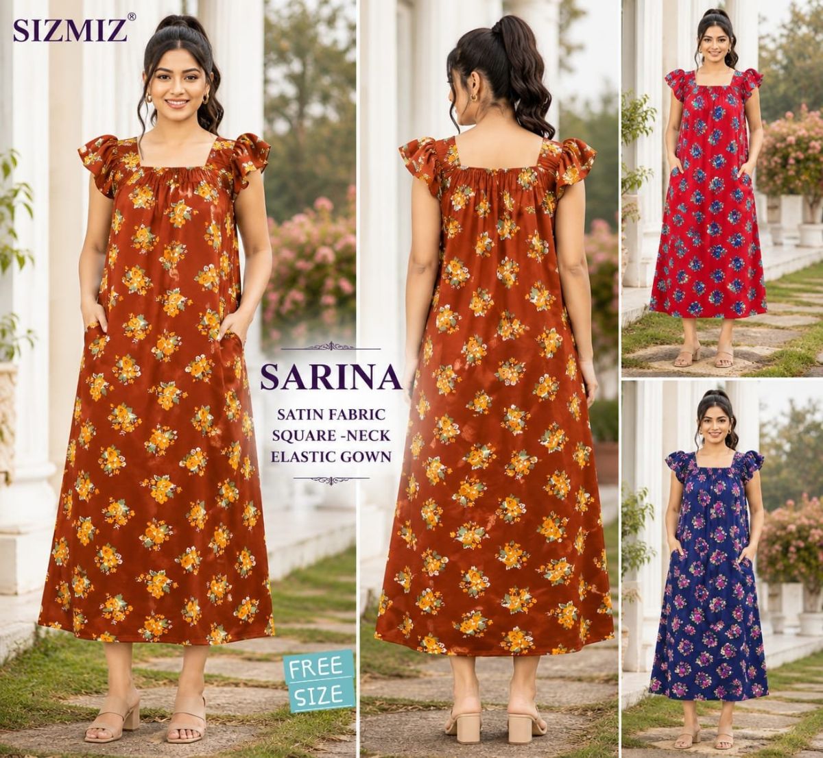 Sarina Women Satin Fabric Square Neck Night Gown -Free Size