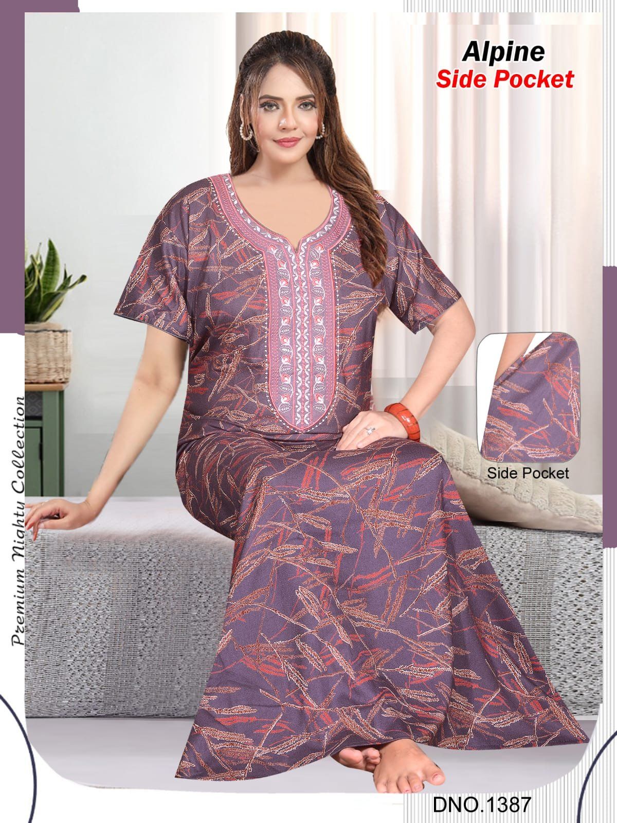 Women's Alpine Premium Nighties Fancy Long Embroidery Pattern with side pocket