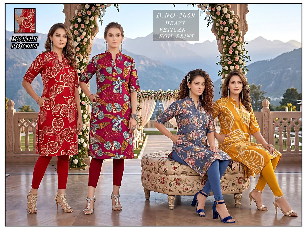 Women's Vetican Print State Colour Round Neck Kurti -2069