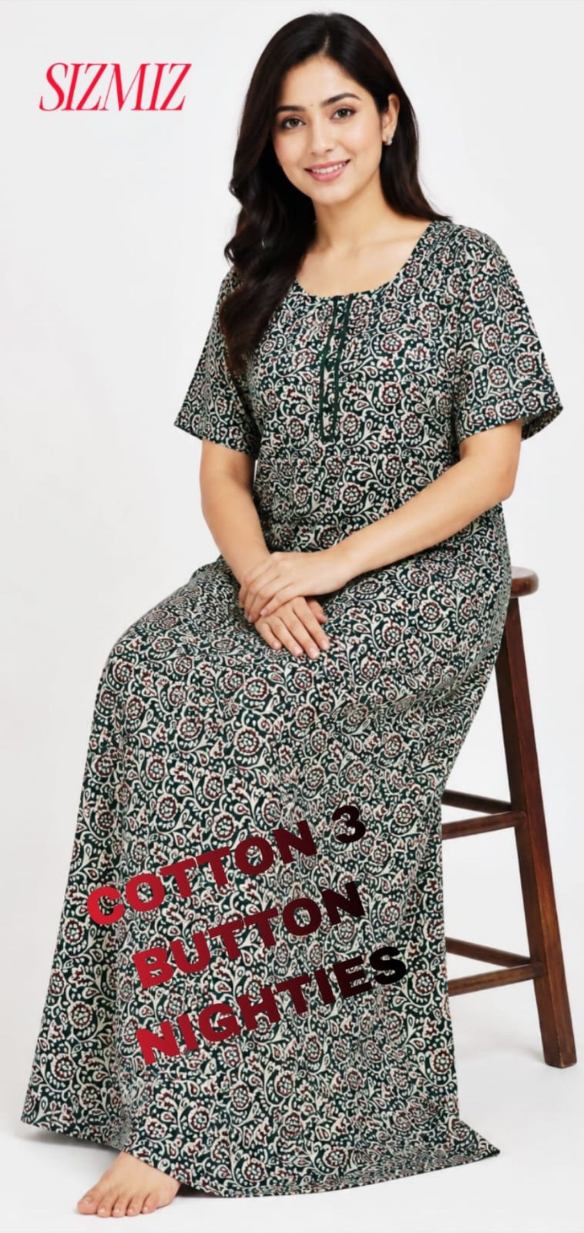 Women Poly Cotton Night Gown With Three Button