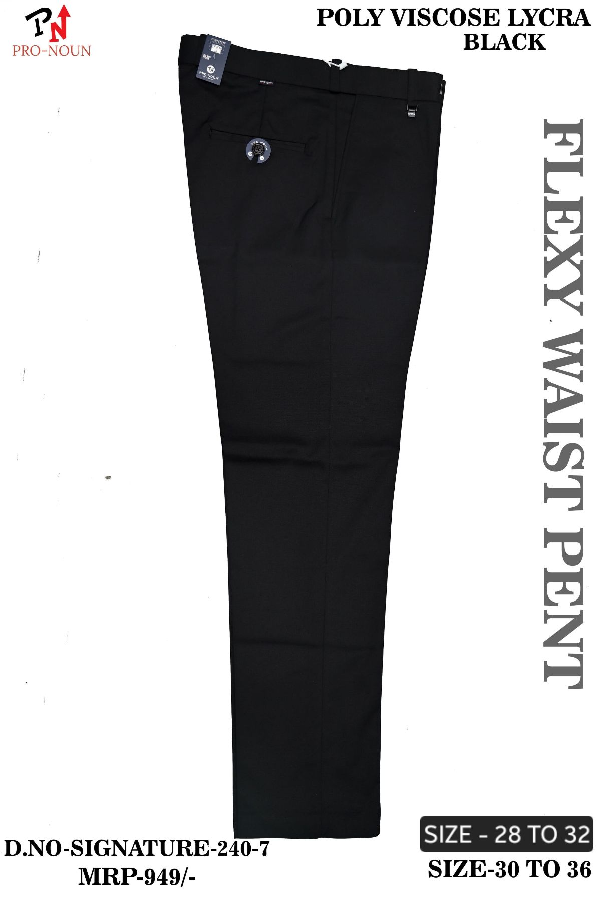 Pro-Noun Men's  Formal Trouser Pants With Adjustable belt D No- Signature 240-7(30-36)- Black