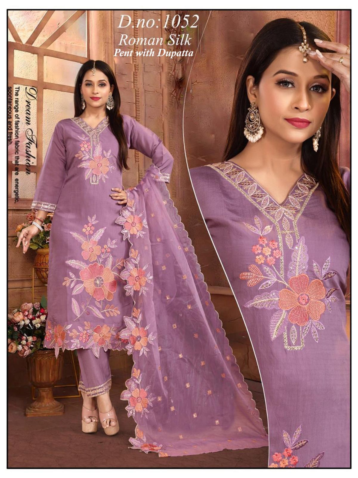 Women's Roman Silk Kurta Pant Set With Dupatta- 1052
