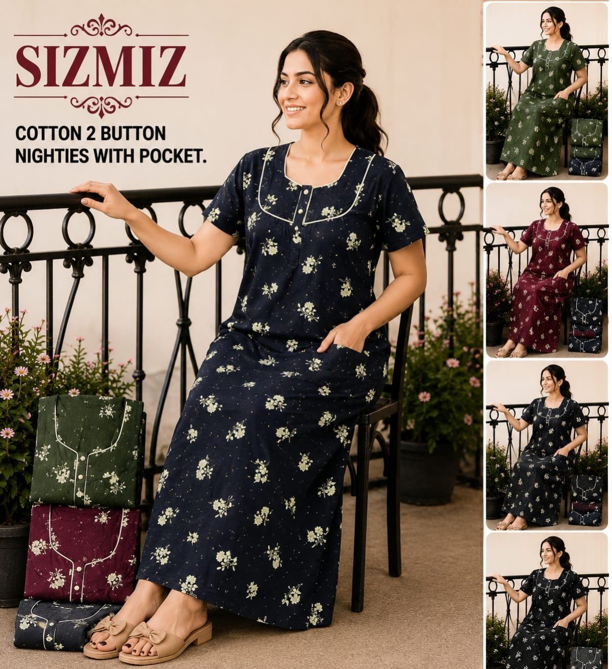 Women Pure Cotton Night Gown With Two Button Aaradhana