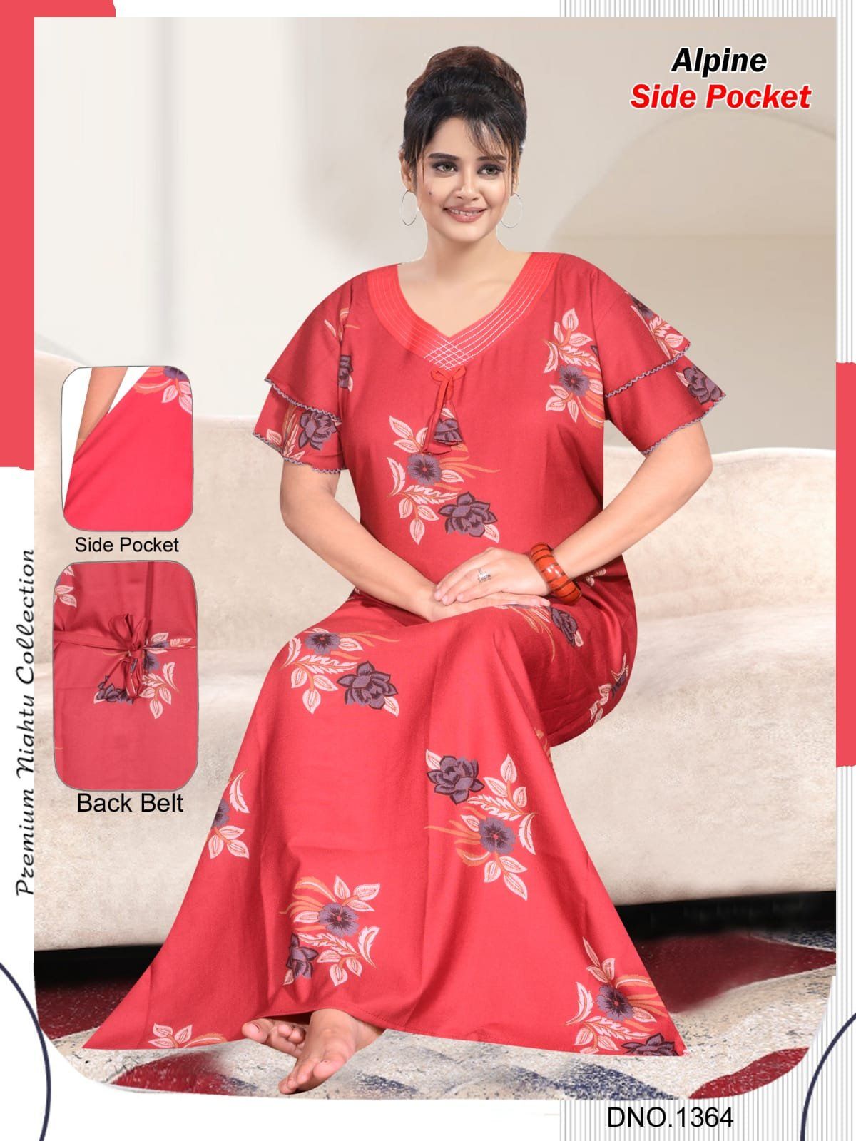 Women Alpine Premium Nighties Fancy Pattern Double Sleeve