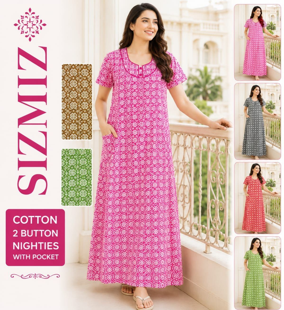 Women Poly Cotton Night Gown with Two Button