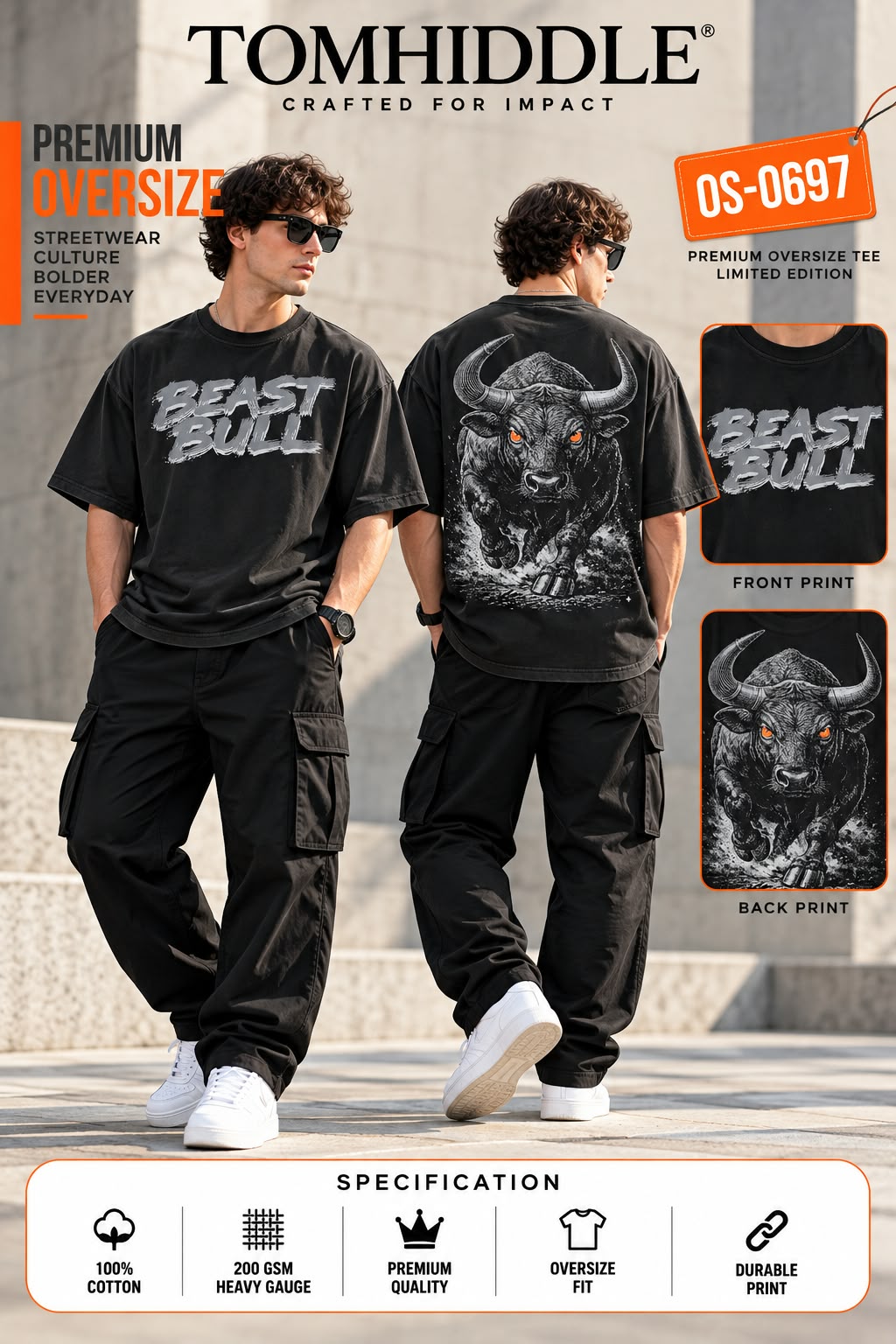 TOMHIDDLE MENS OVERSIZE ANIME PRINTED DOWN SHOULDER TSHIRT- A4-OS-0697