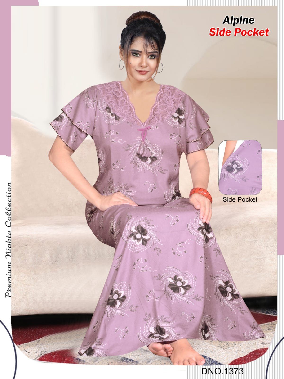 Women Alpine Premium Nighties Fancy Pattern Double Sleeve
