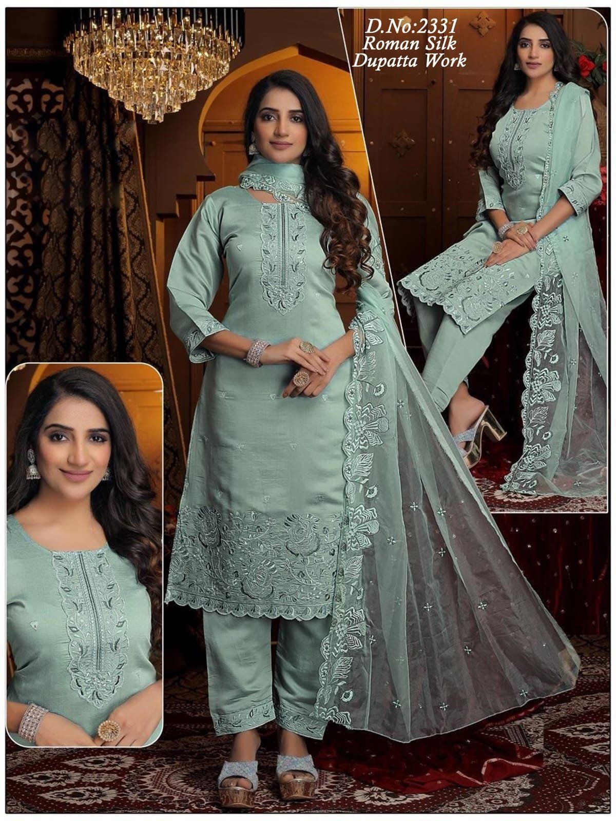 Women's Roman Silk Kurta Pant Set With Dupatta- 2331