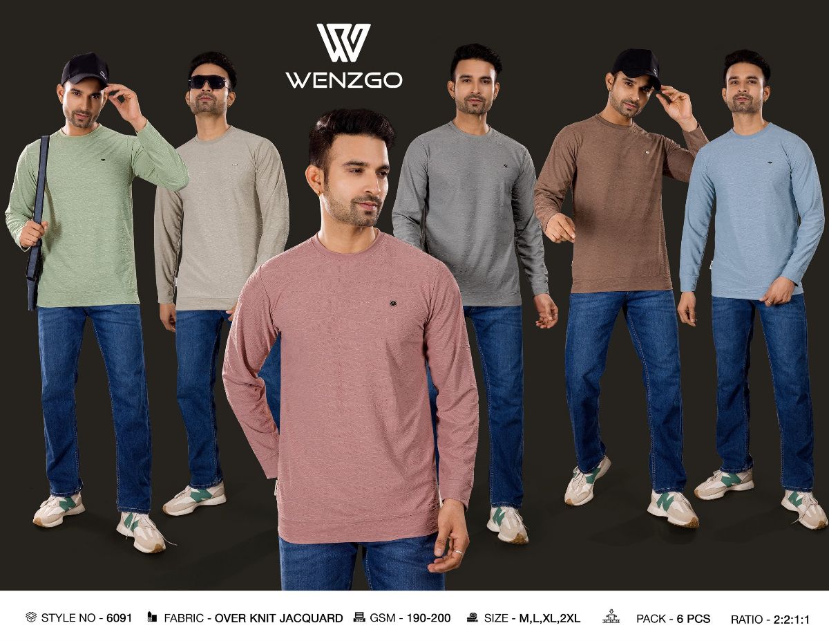 WENZGO MENS FULL SLEEVE T SHIRTS OVER KNIT JACQUARD FABRIC 200GSM WITH BRAND POLY BAGS WITH BOX PACKING