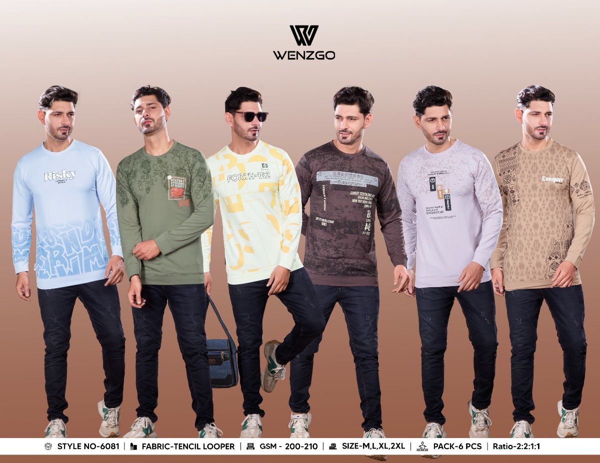 WENZGO MENS FULL SLEEVE T SHIRTS TENCIL LOOPER FABRIC 210 GSM WITH SINGLE PCS BRAND NEW BRAND POLY BAGS WITH BOX PACKING